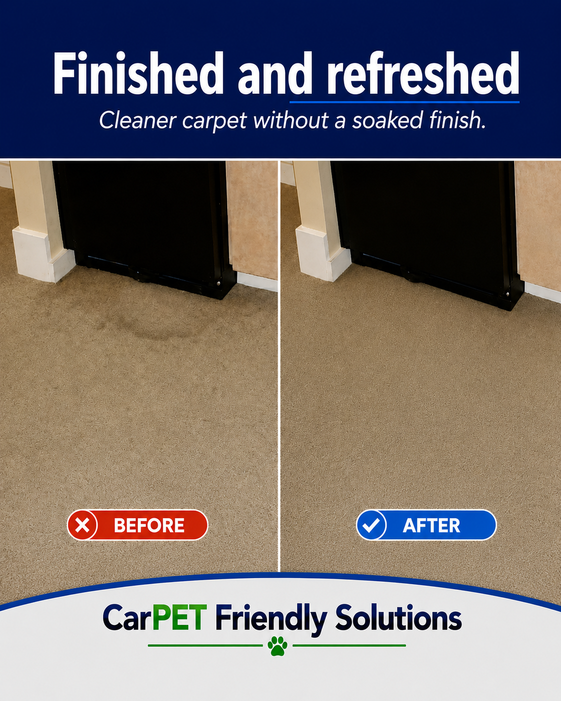 Finished and refreshed carpet before and after cleaning near a fireplace